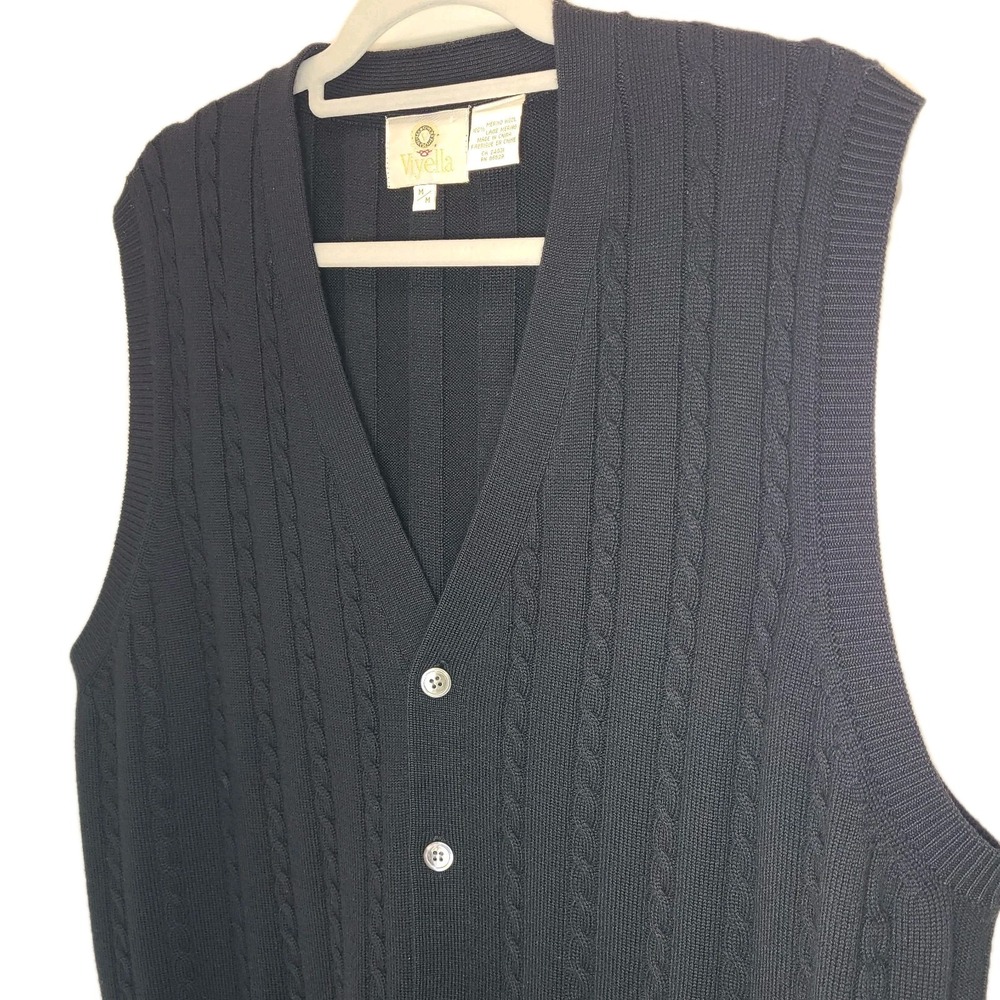 Vtg Viyella Merino Wool Sweater Vest Mens M Black Cable Knit Button Front